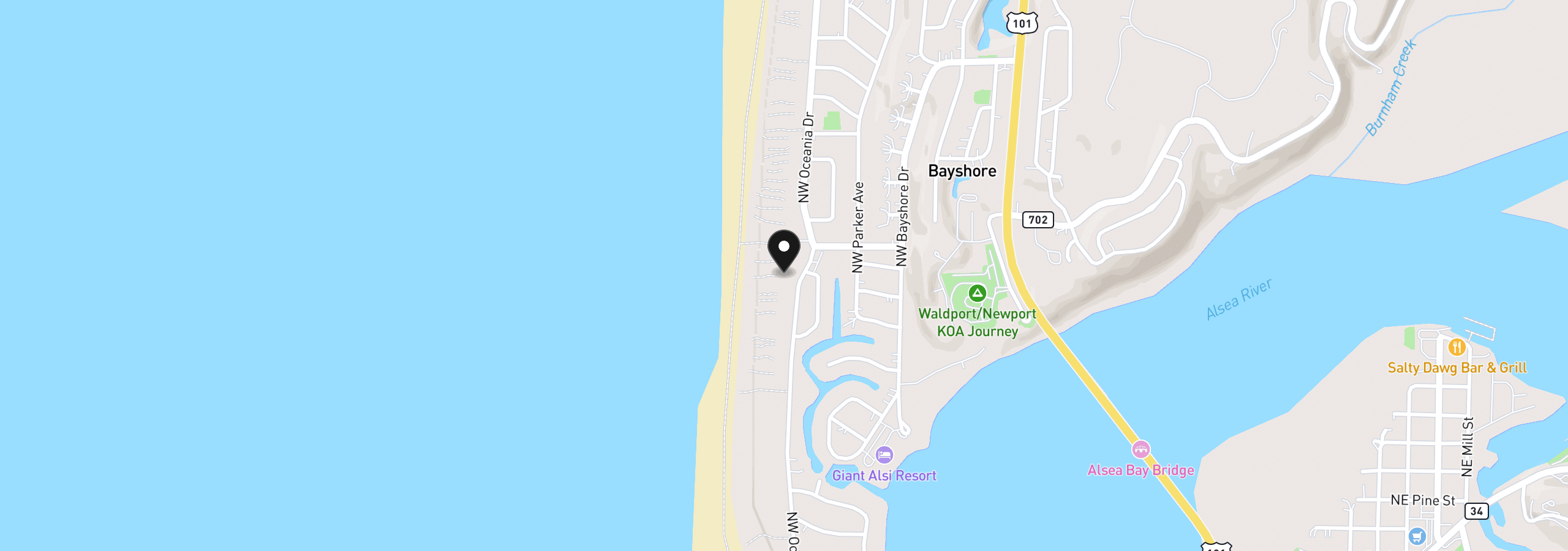 Map showing the location of 1310 NW Oceania Dr, Waldport, OR 97394