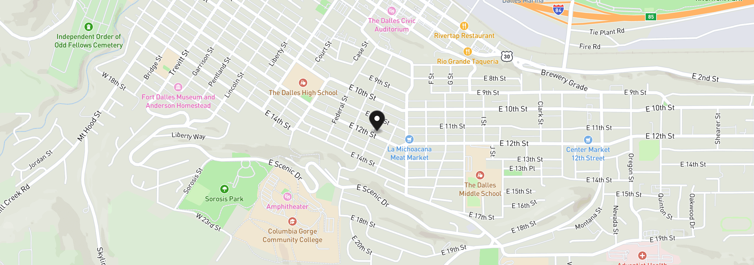 Map showing the location of 601 E 12th St, The Dalles, OR 97058