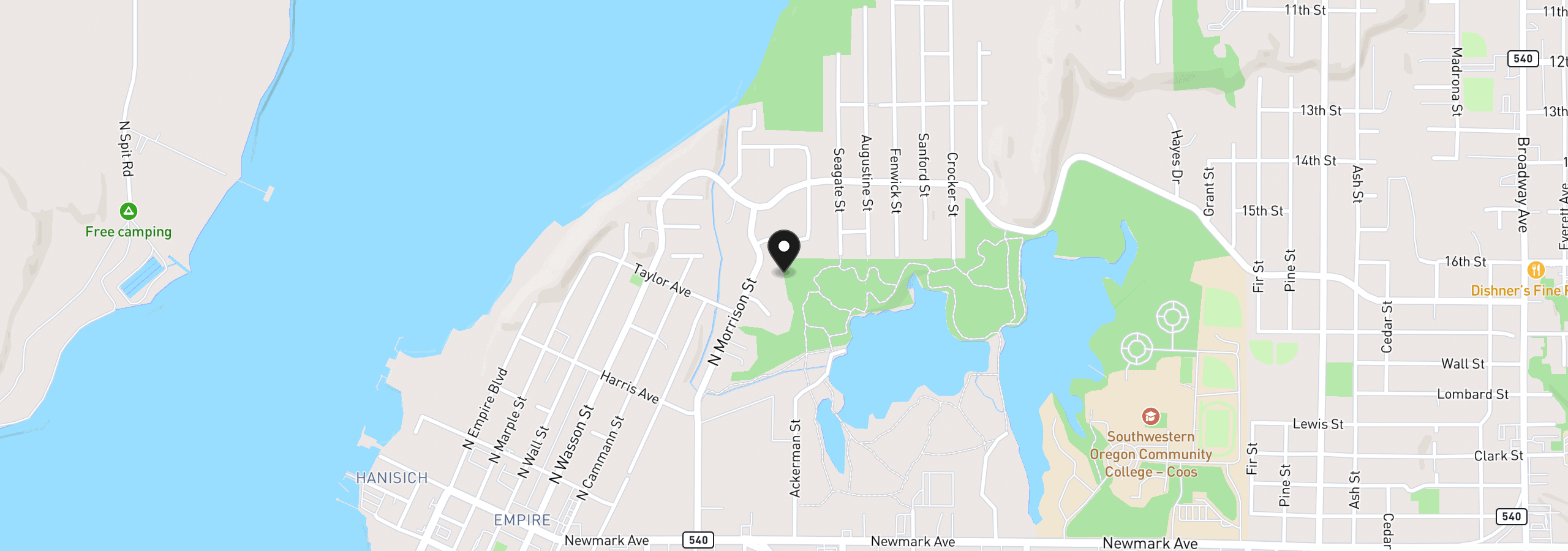 Map showing the location of 1020 Park Pl, Coos Bay, OR 97420
