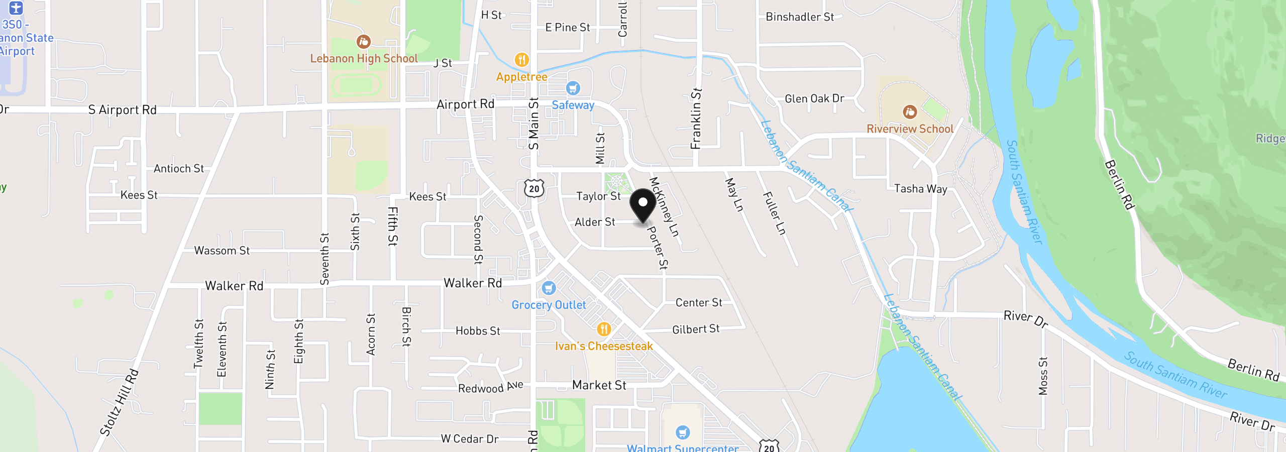 Map showing the location of 2410 Porter St, Lebanon, OR 97355
