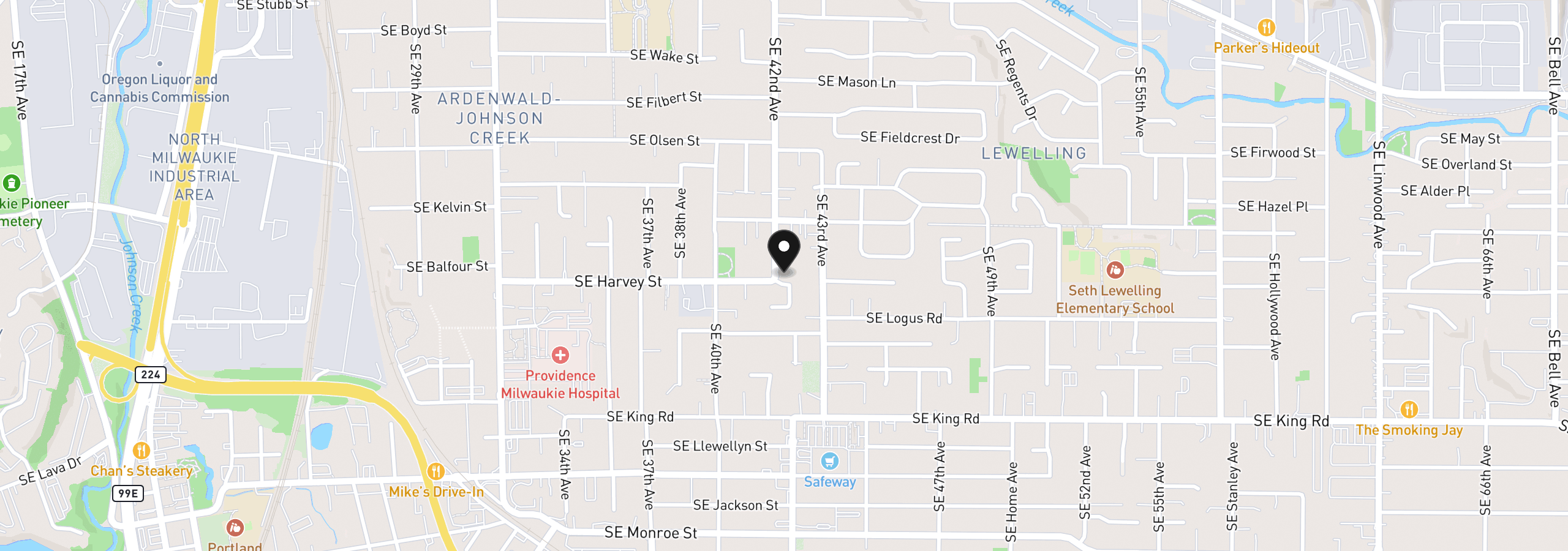 Map showing the location of 9886 SE 42nd Ave, Milwaukie, OR 97222
