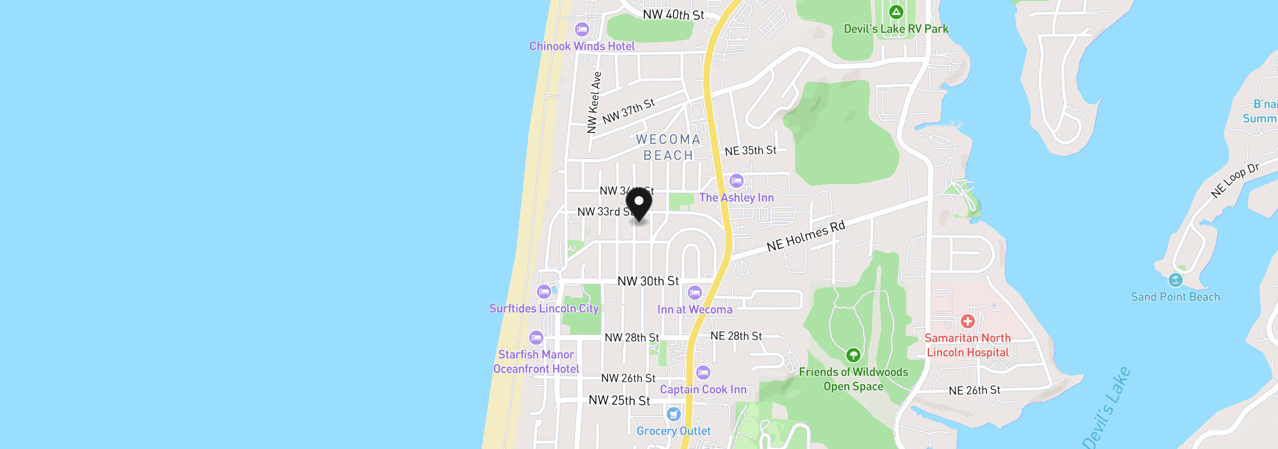 Map showing the location of 3246 NW Mast Ave, Lincoln City, OR 97367