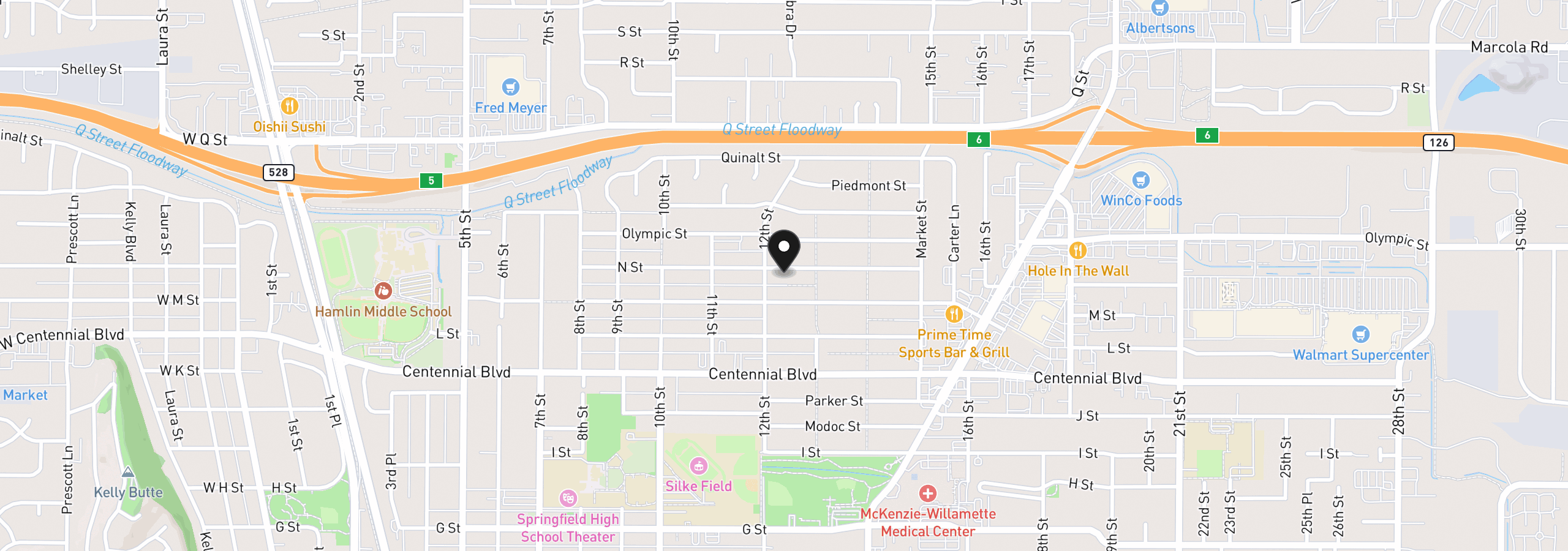 Map showing the location of 1231 N St, Springfield, OR 97477