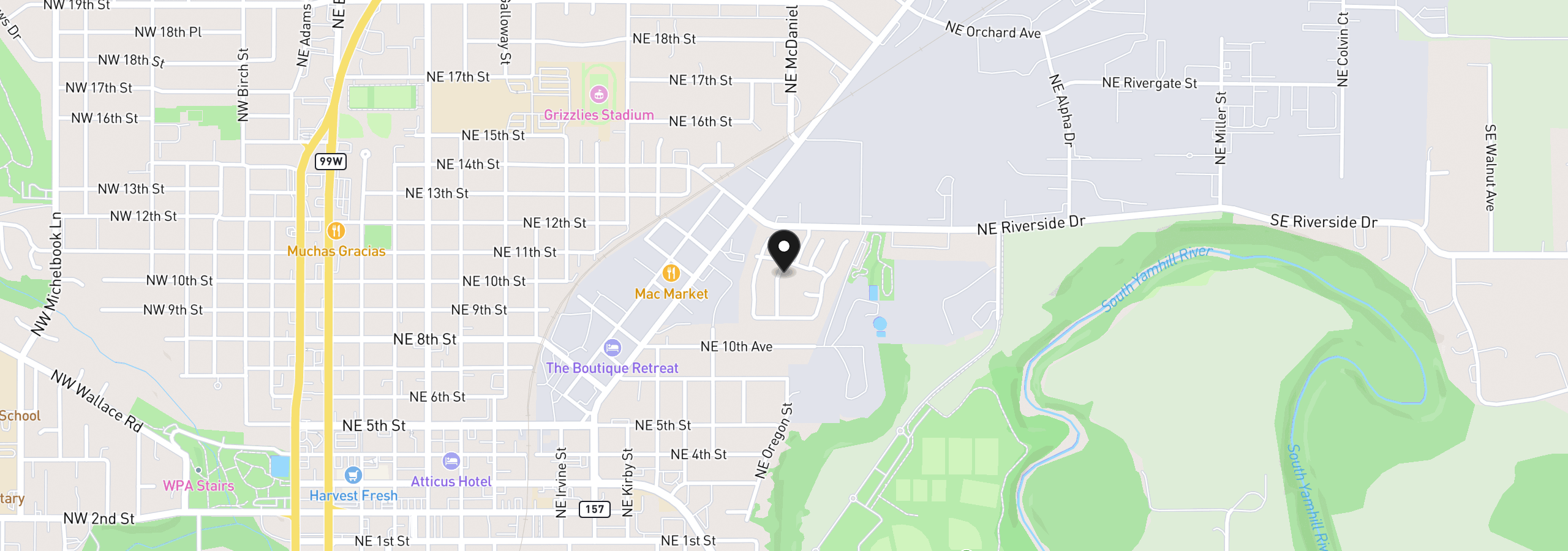 Map showing the location of 1602 NE Riverside Dr 68, McMinnville, OR 97128