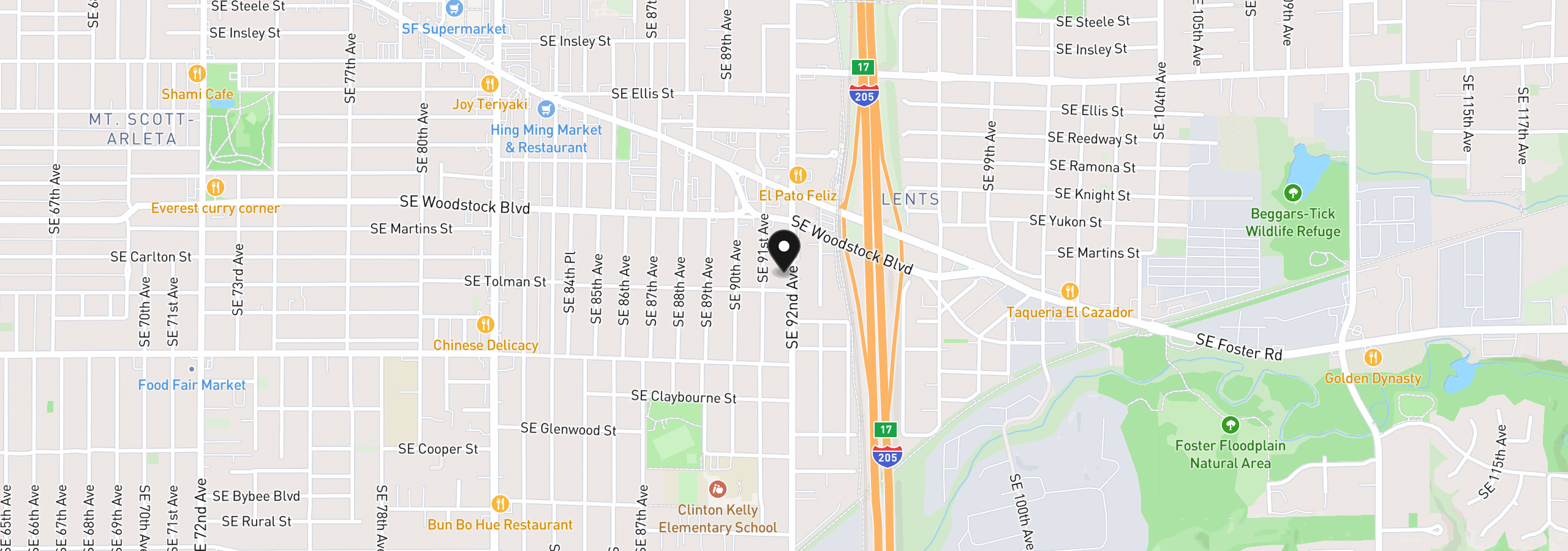 Map showing the location of 6207 SE 92nd Ave, Portland, OR 97266