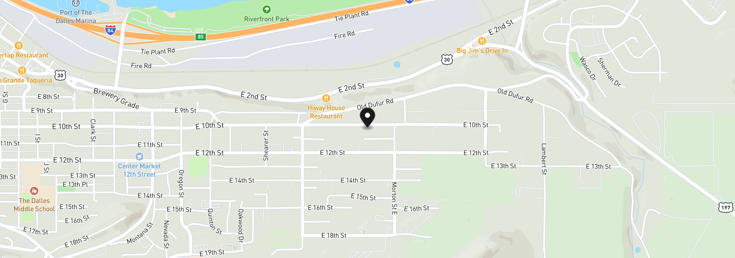 Map showing the location of 2606 E 10th St, The Dalles, OR 97058