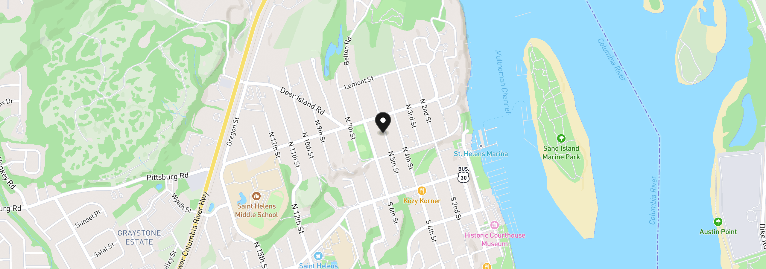 Map showing the location of 265 N 5th St, St. Helens, OR 97051