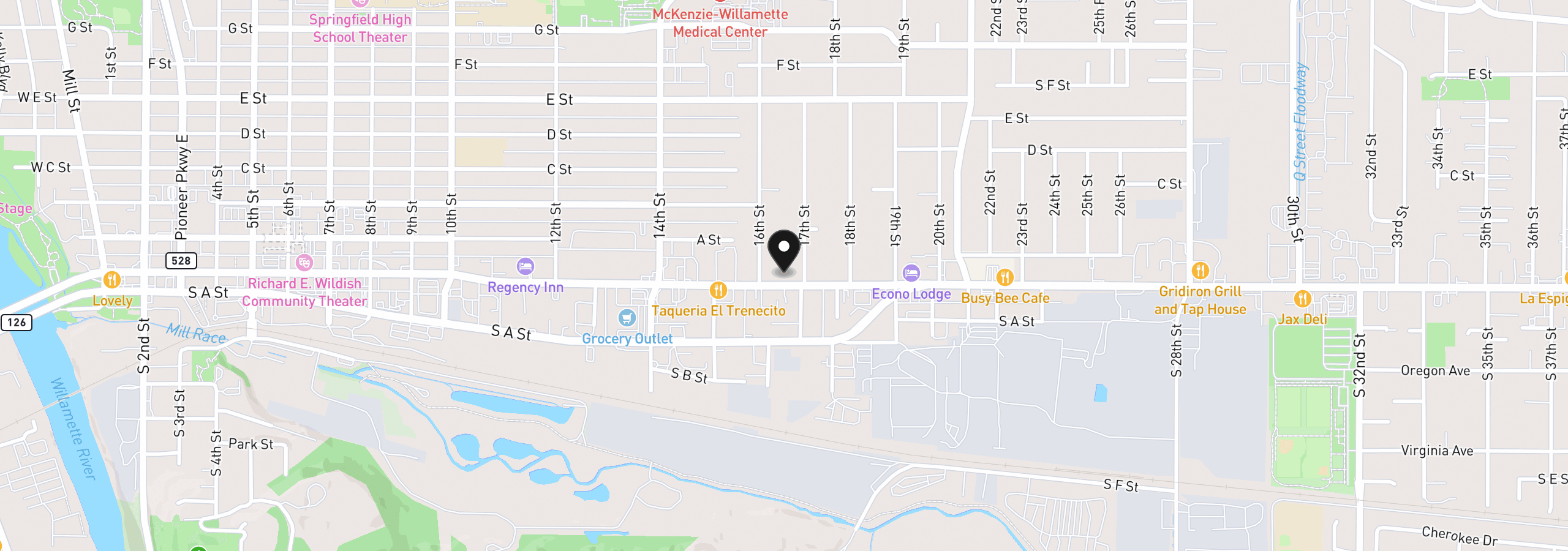 Map showing the location of 1664 Main St, Springfield, OR 97477
