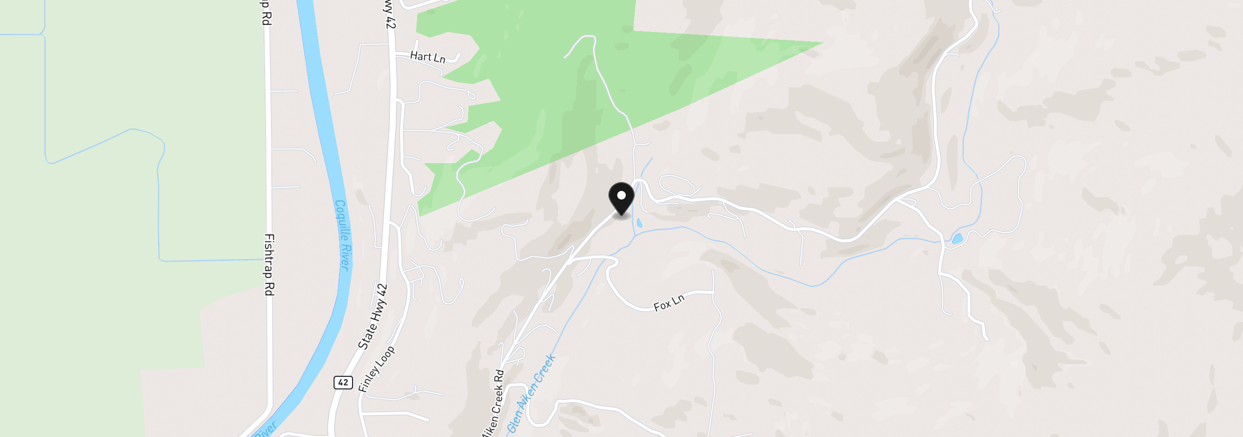 Map showing the location of 55593 Glen Aiken Creek Rd, Coquille, OR 97423