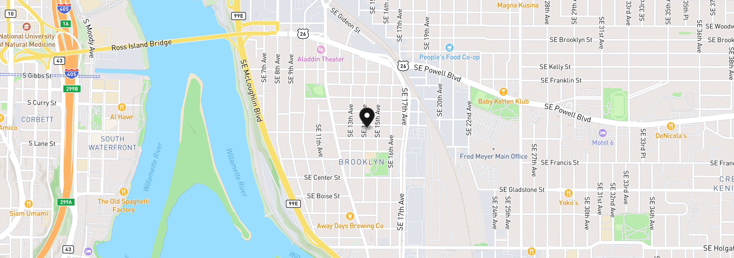 Map showing the location of 1404 SE Lafayette St, Portland, OR 97202