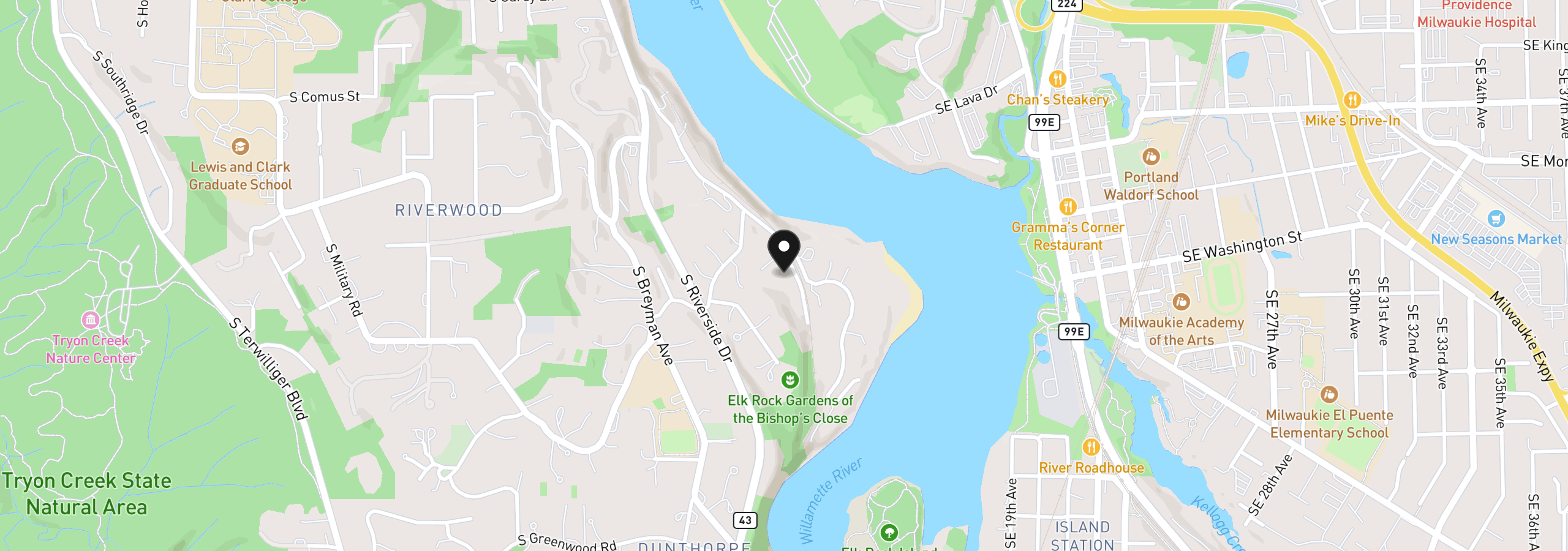 Map showing the location of 11385 S Riverwood Rd, Portland, OR 97219