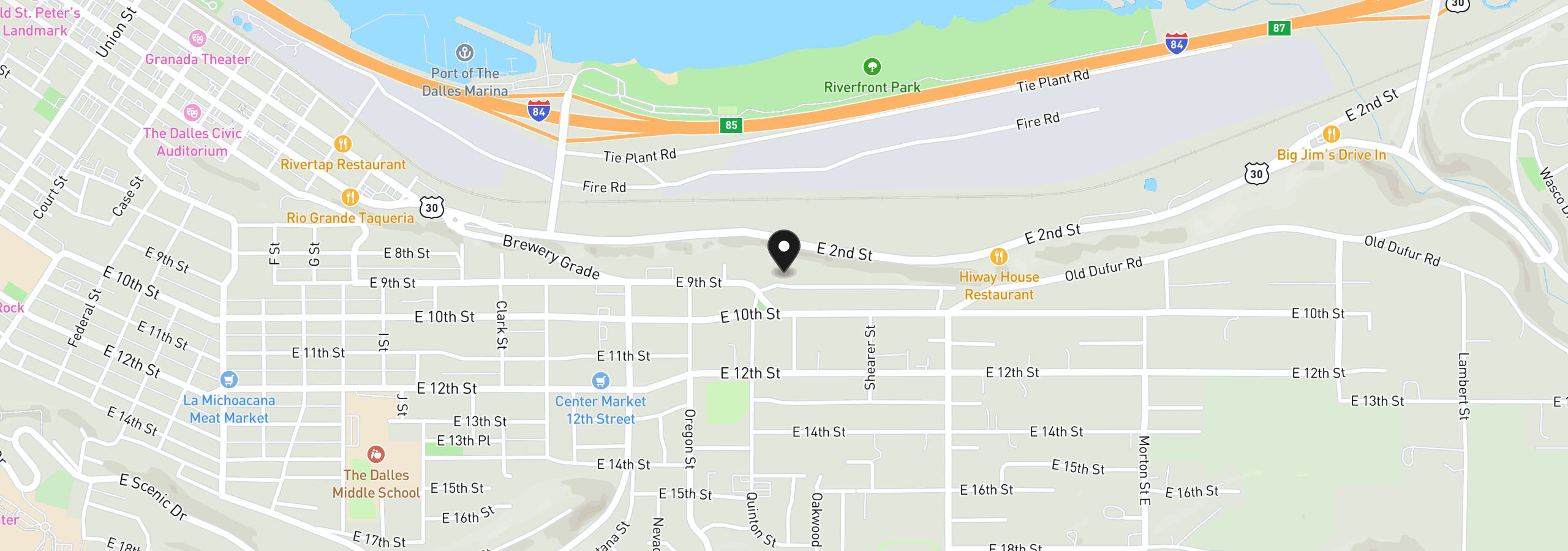 Map showing the location of 1915 E 9th St, The Dalles, OR 97058