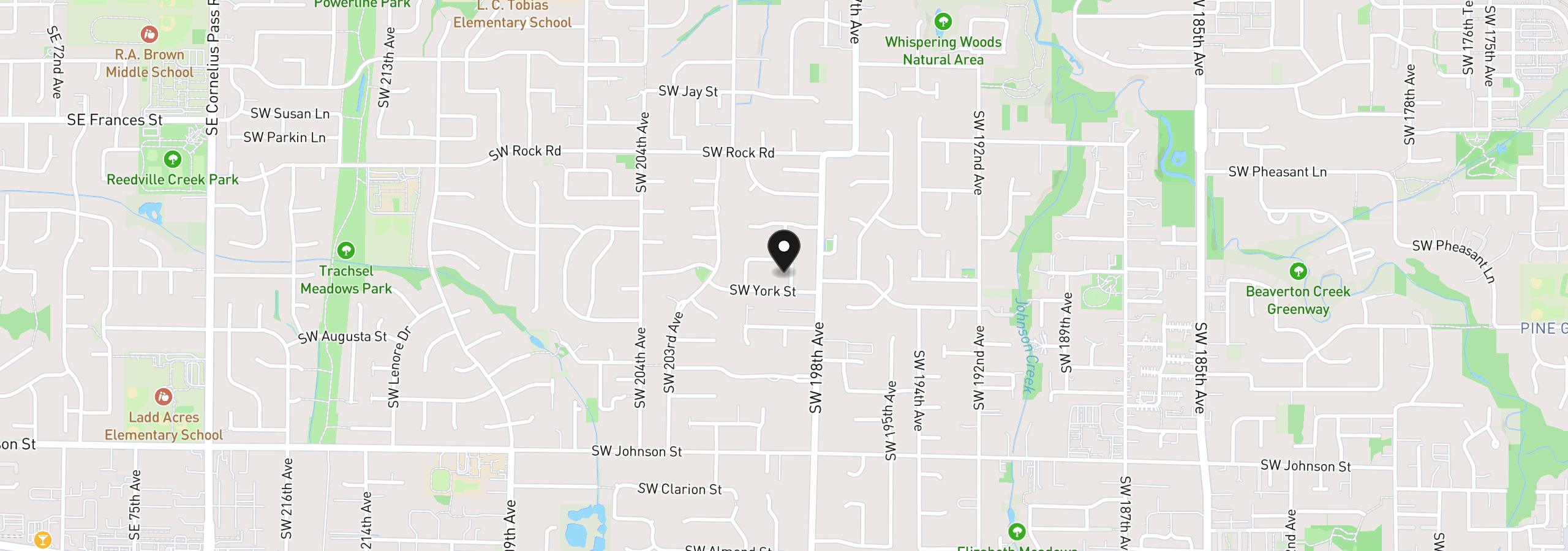 Map showing the location of 19878 SW Joann Ct, Beaverton, OR 97003