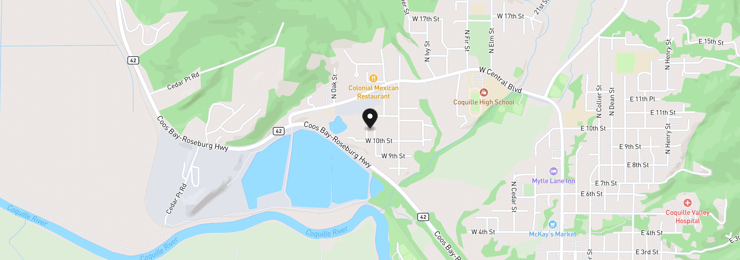 Map showing the location of 1050 N Myrtle St, Coquille, OR 97423