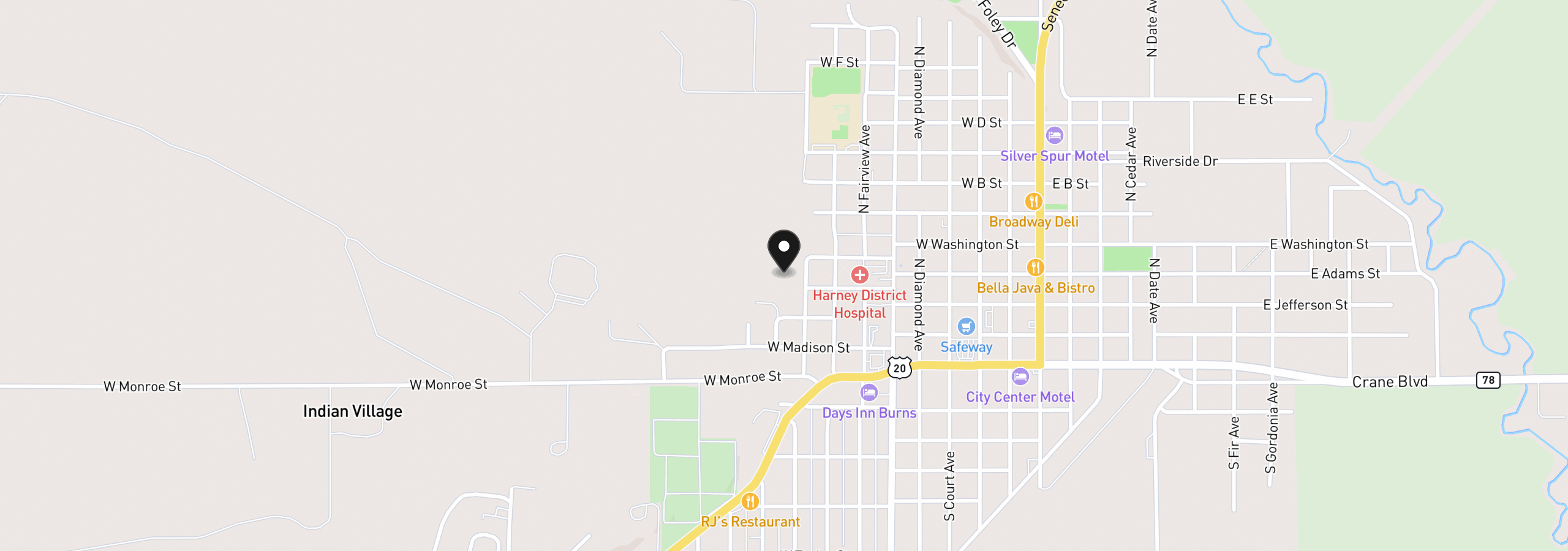 Map showing the location of 464 N Harney Ave, Burns, OR 97720