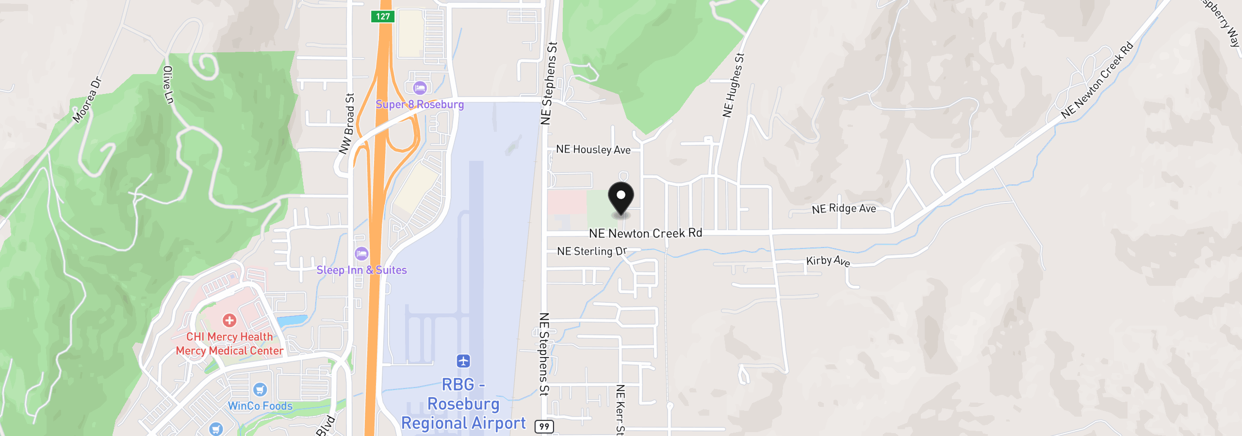 Map showing the location of 132 NE Sawyers Ln, Roseburg, OR 97470