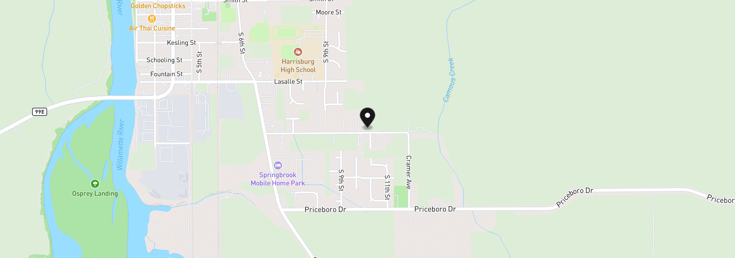 Map showing the location of 1001 Sommverville Loop, Harrisburg, OR 97446