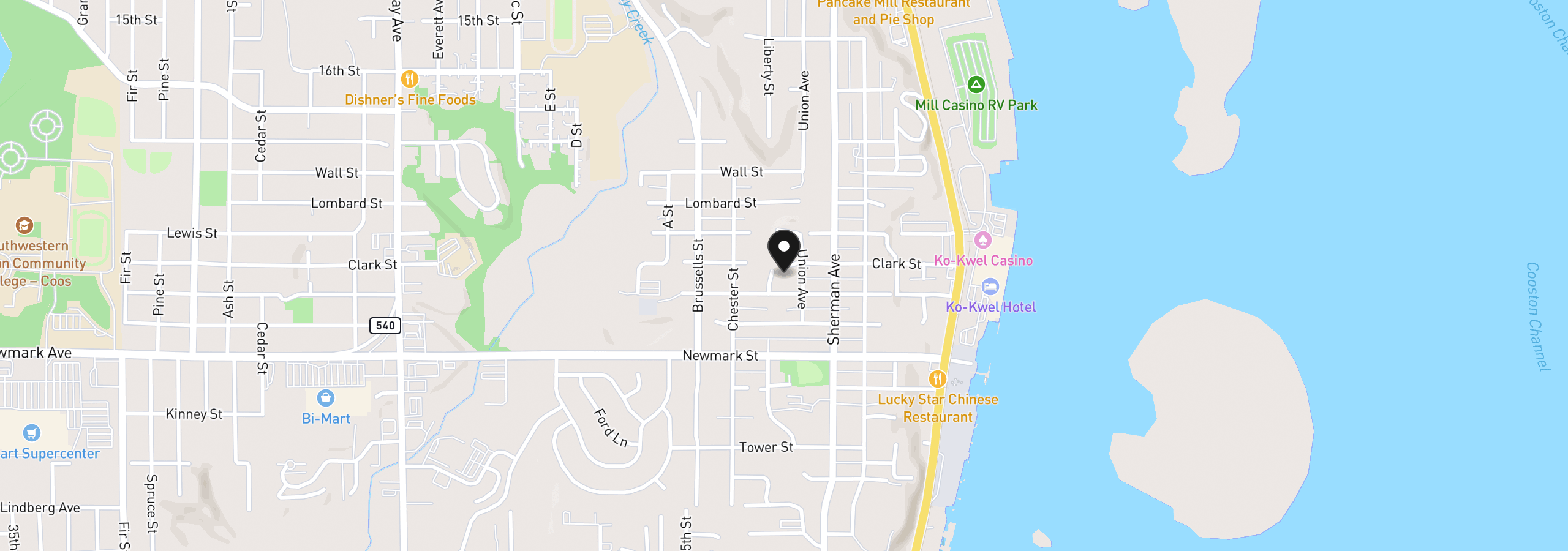 Map showing the location of 853 Clark St, North Bend, OR 97459