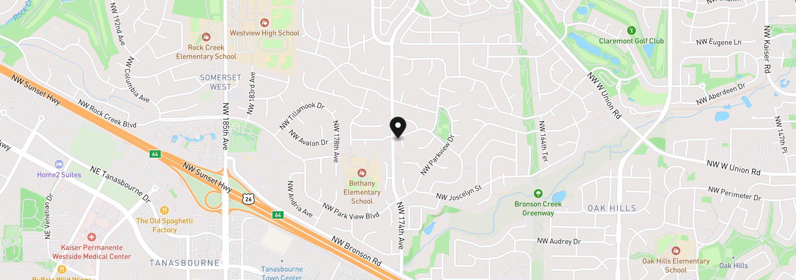 Map showing the location of 3405 NW Moro Pl, Beaverton, OR 97003