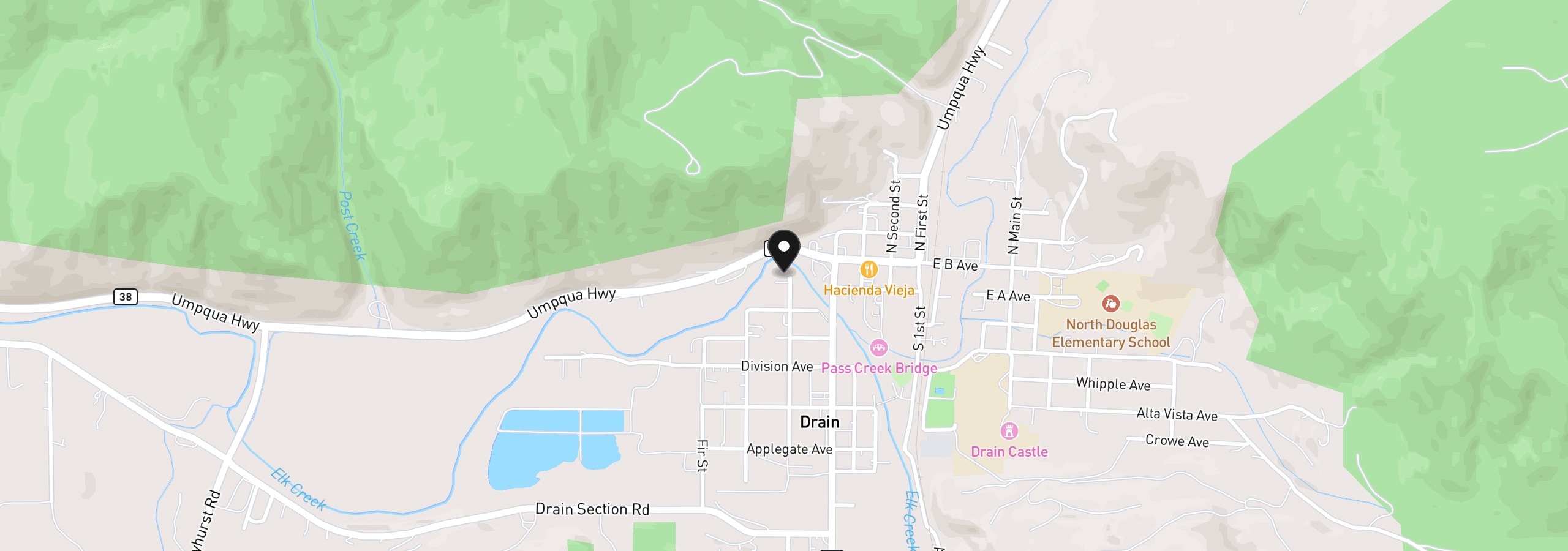 Map showing the location of 502 North Ave, Drain, OR 97435