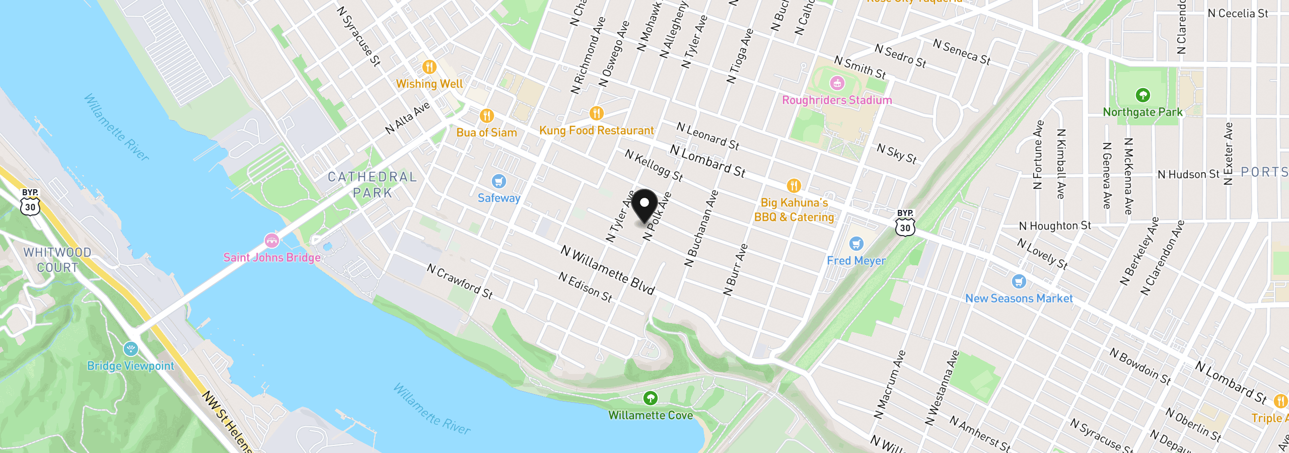 Map showing the location of 7217 N Polk Ave, Portland, OR 97203