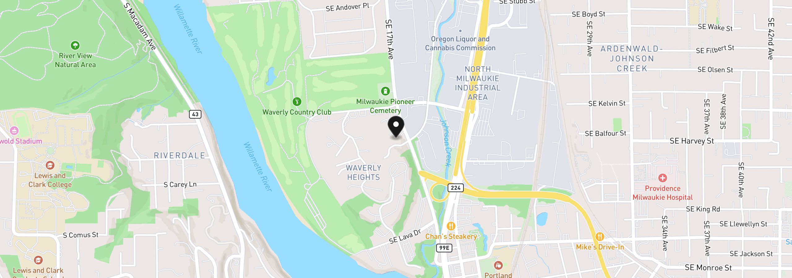 Map showing the location of 9833 SE 17th Ave, Milwaukie, OR 97222