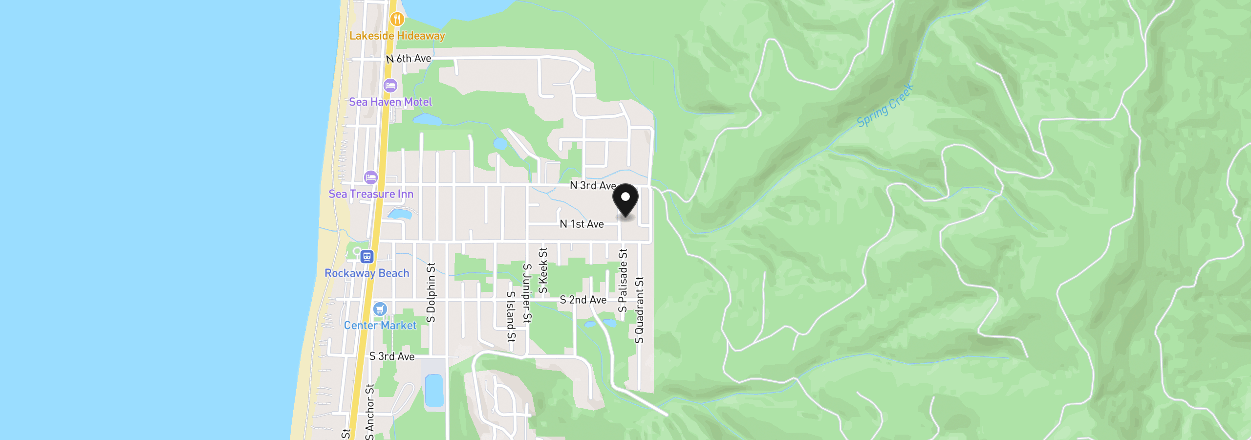 Map showing the location of 126 N Ocean Ave, Rockaway Beach, OR 97136