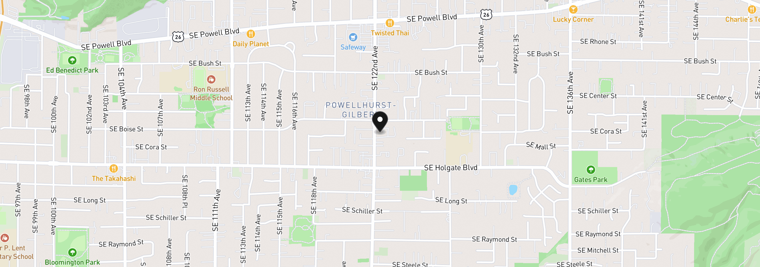 Map showing the location of 4264 SE 122nd Ave 13, Portland, OR 97236