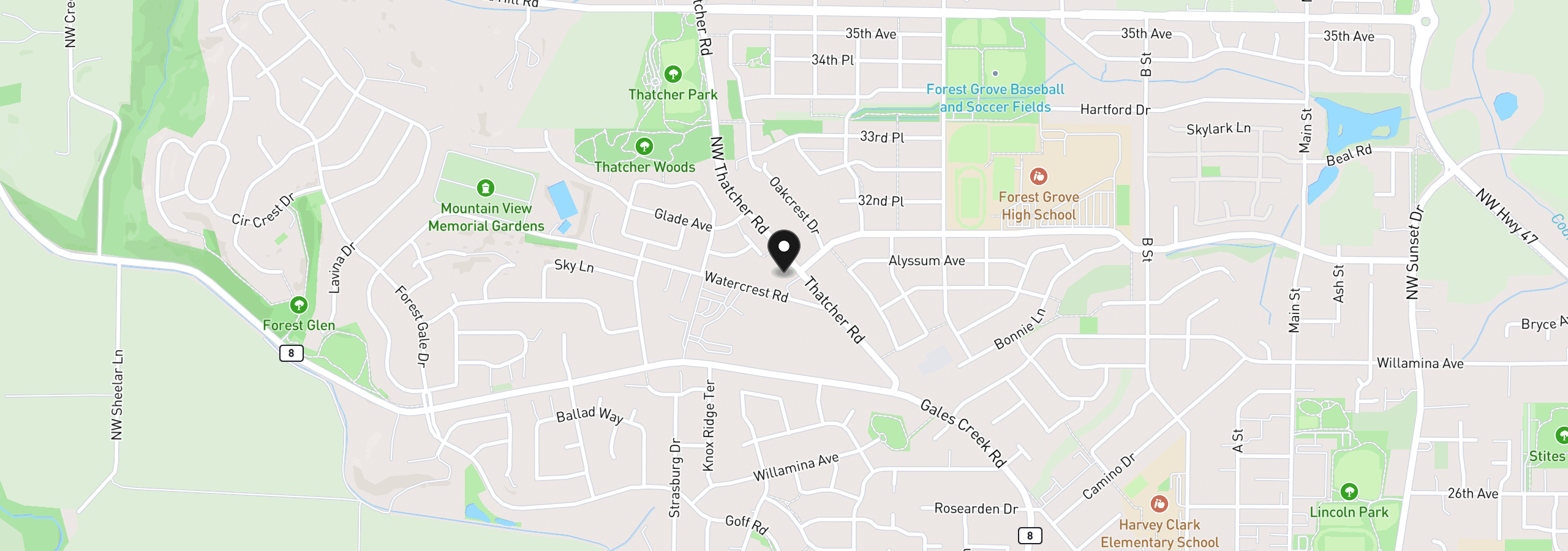 Map showing the location of 1735 Thatcher Rd, Forest Grove, OR 97116