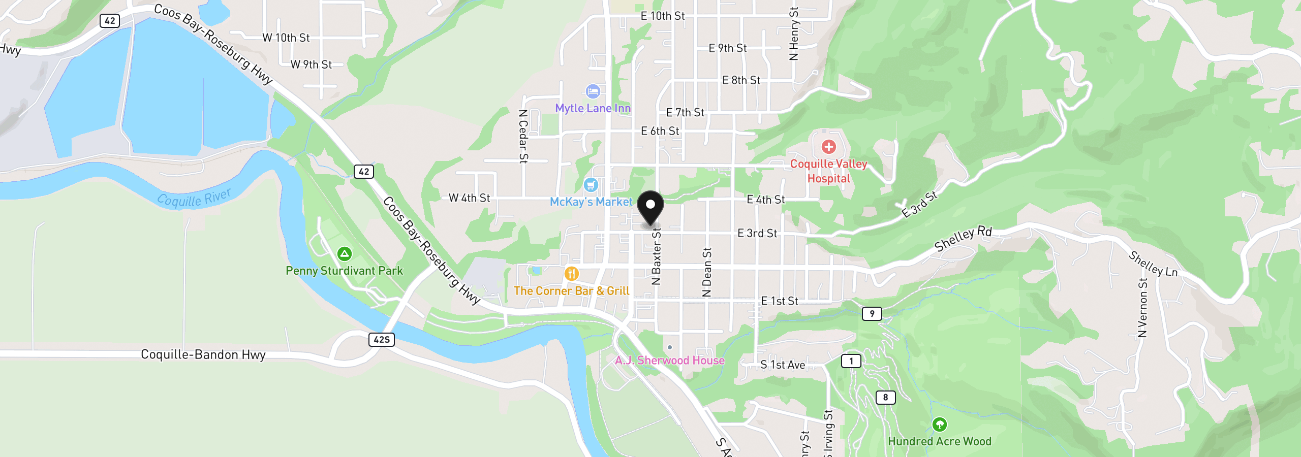 Map showing the location of 190 E 3rd St, Coquille, OR 97423