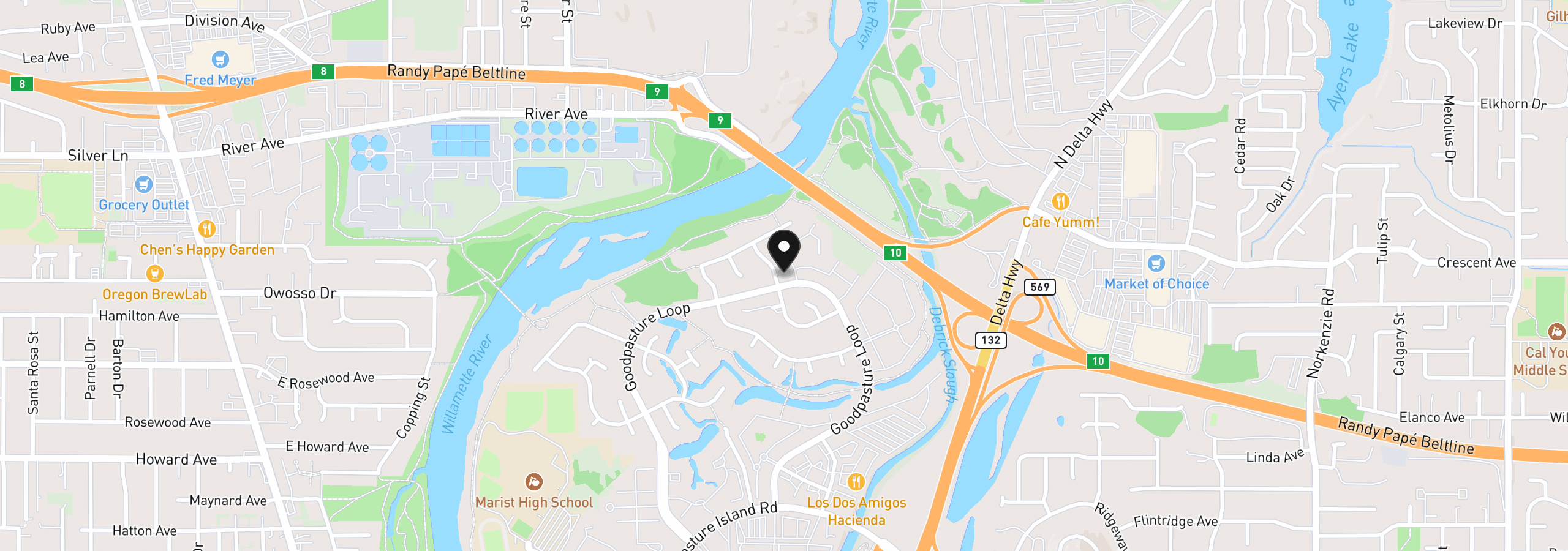 Map showing the location of 3489 Riverplace Dr, Eugene, OR 97401