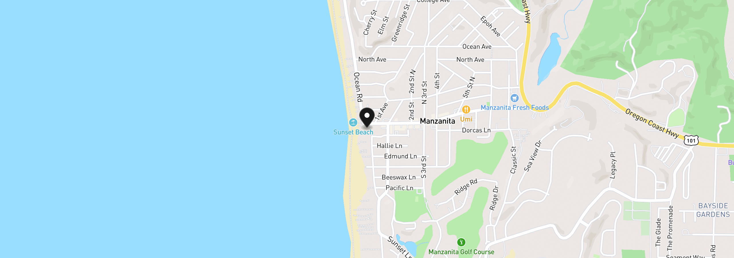 Map showing the location of 30 Ocean Rd, Manzanita, OR 97130