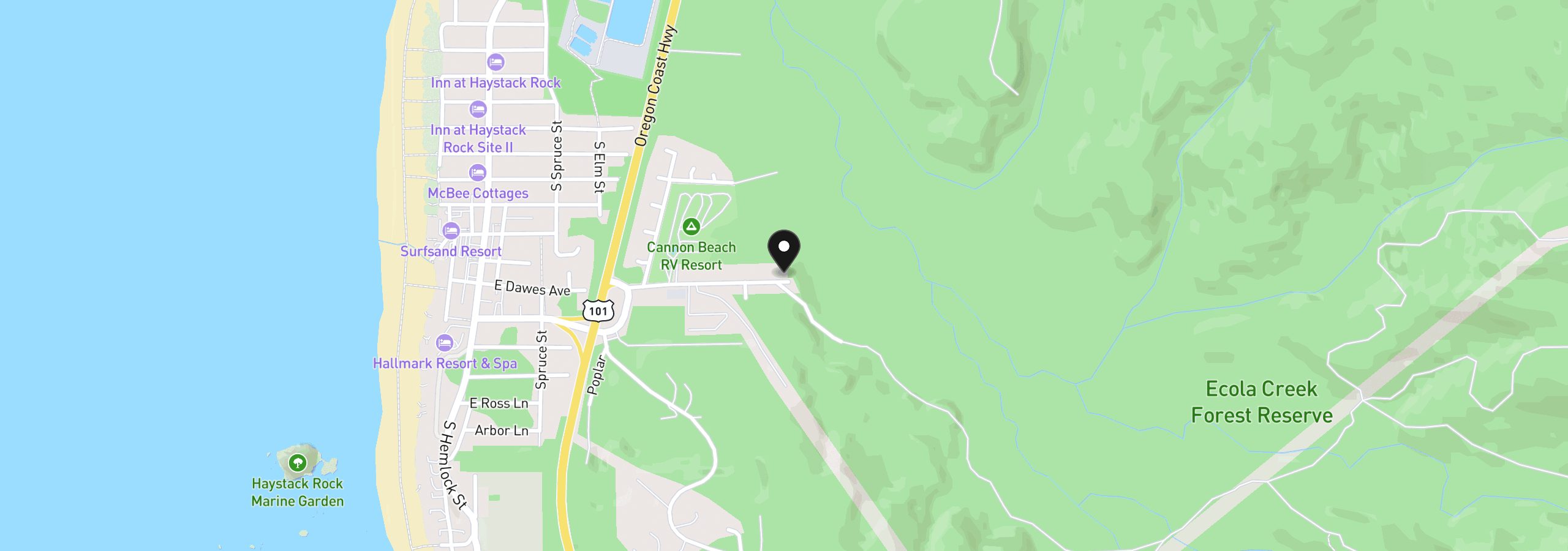 Map showing the location of 420 Elk Creek Rd 503, Cannon Beach, OR 97110