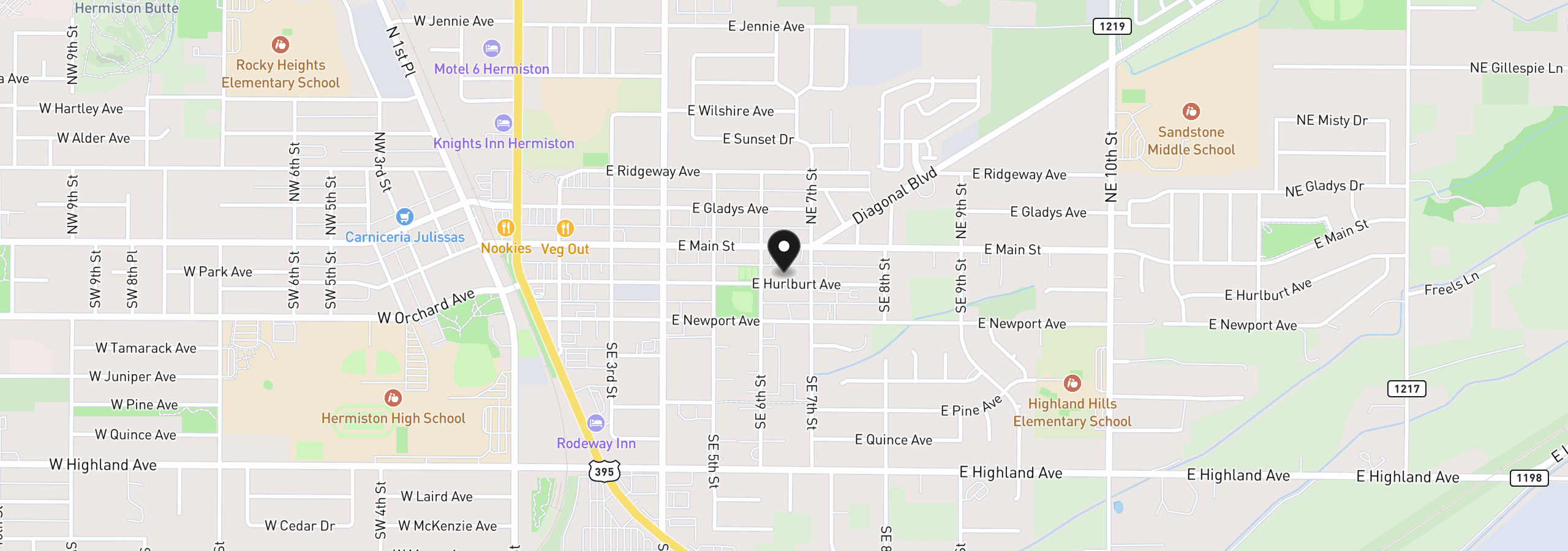 Map showing the location of 647 E Hurlburt Ave, Hermiston, OR 97838