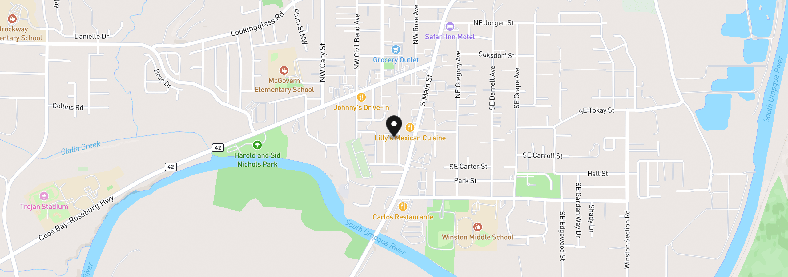 Map showing the location of 10 SW Peach Ln, Winston, OR 97496