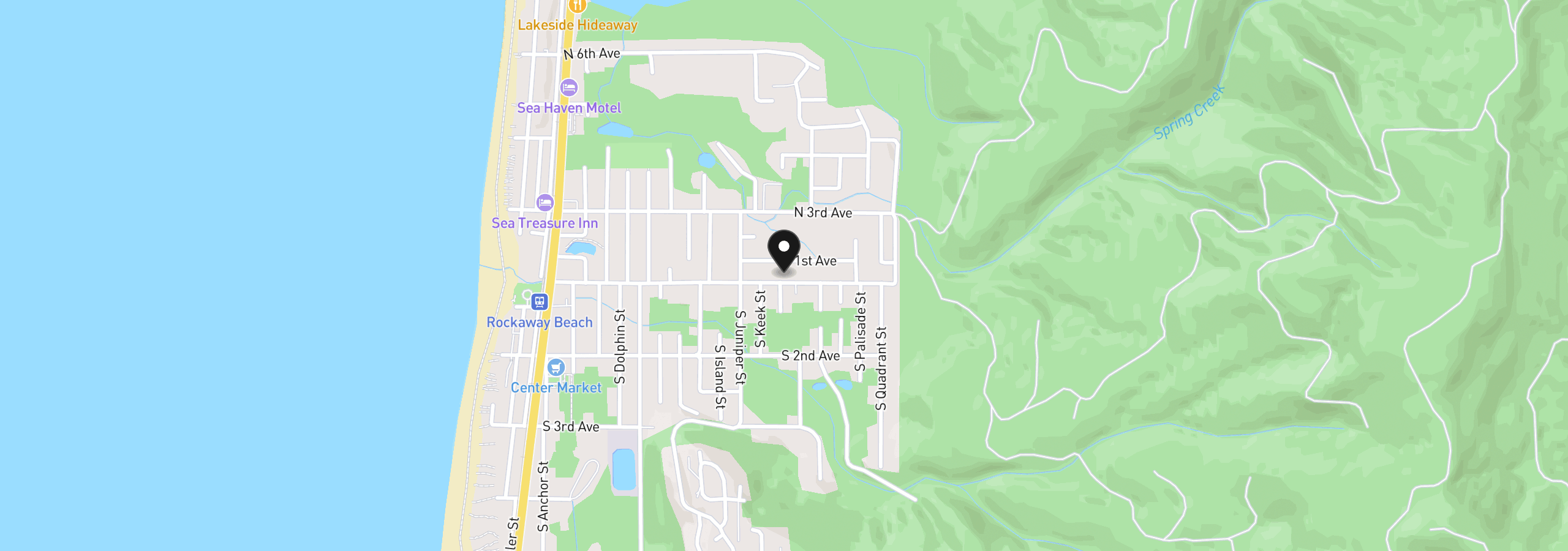 Map showing the location of 1233 Nehalem Ave, Rockaway Beach, OR 97136