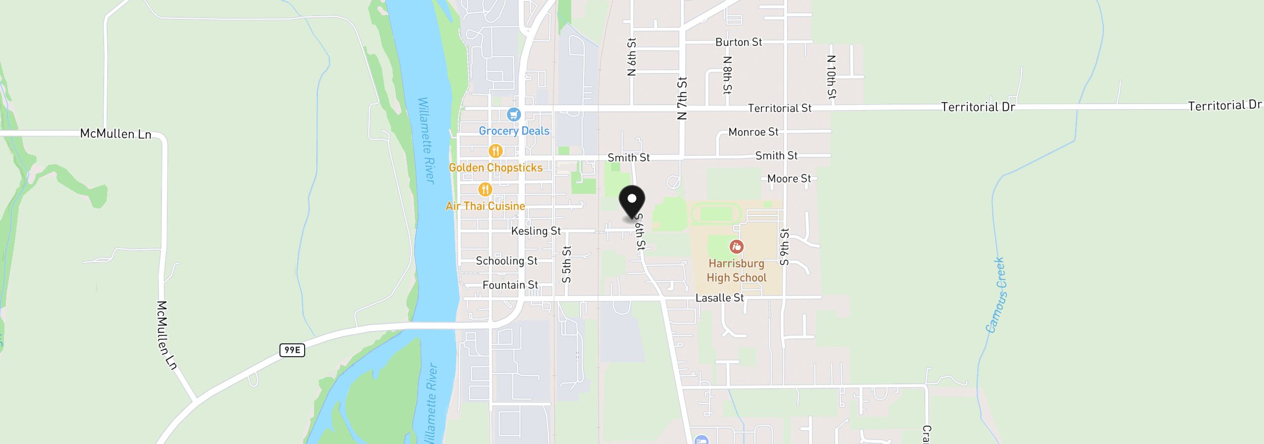 Map showing the location of 370 S 6th St, Harrisburg, OR 97446