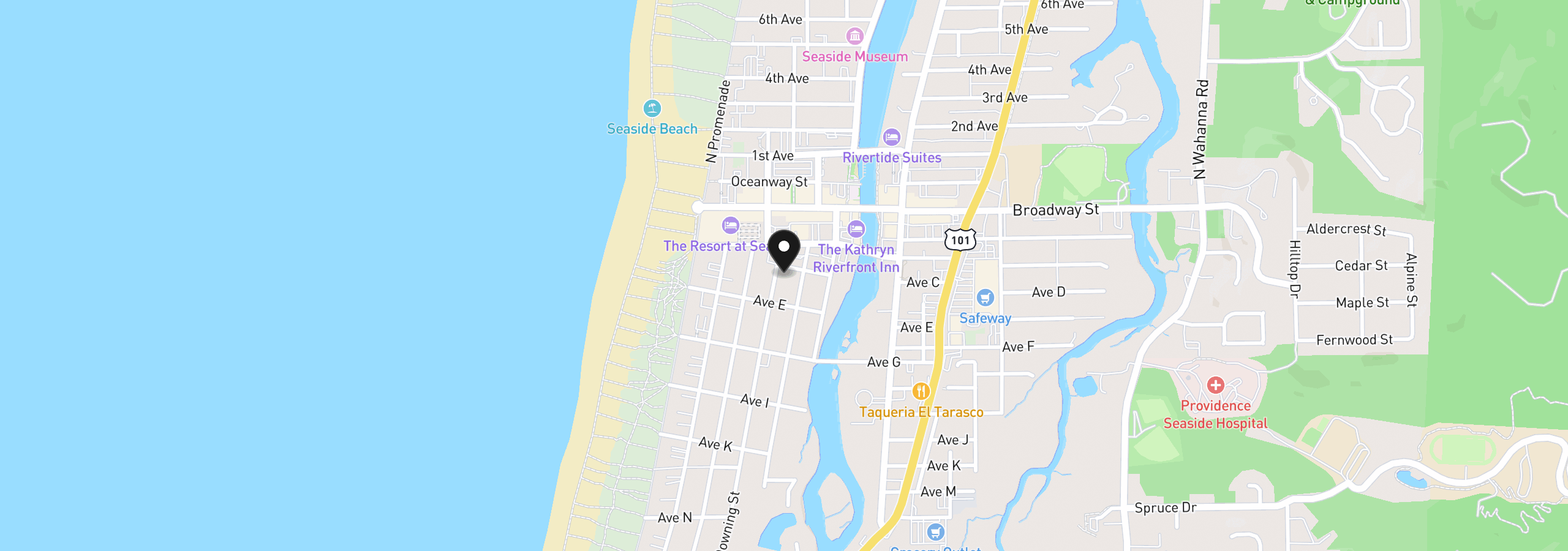 Map showing the location of 303 Avenue C, Seaside, OR 97138