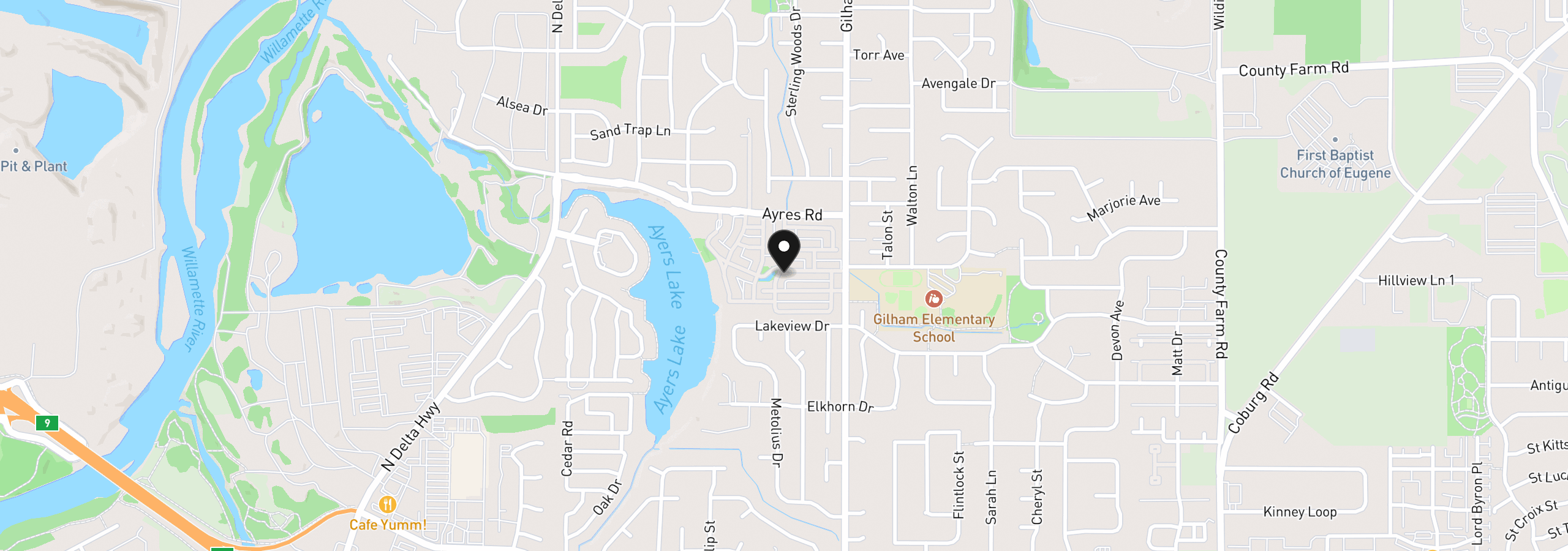 Map showing the location of 2002 Lake Shore Dr, Eugene, OR 97408