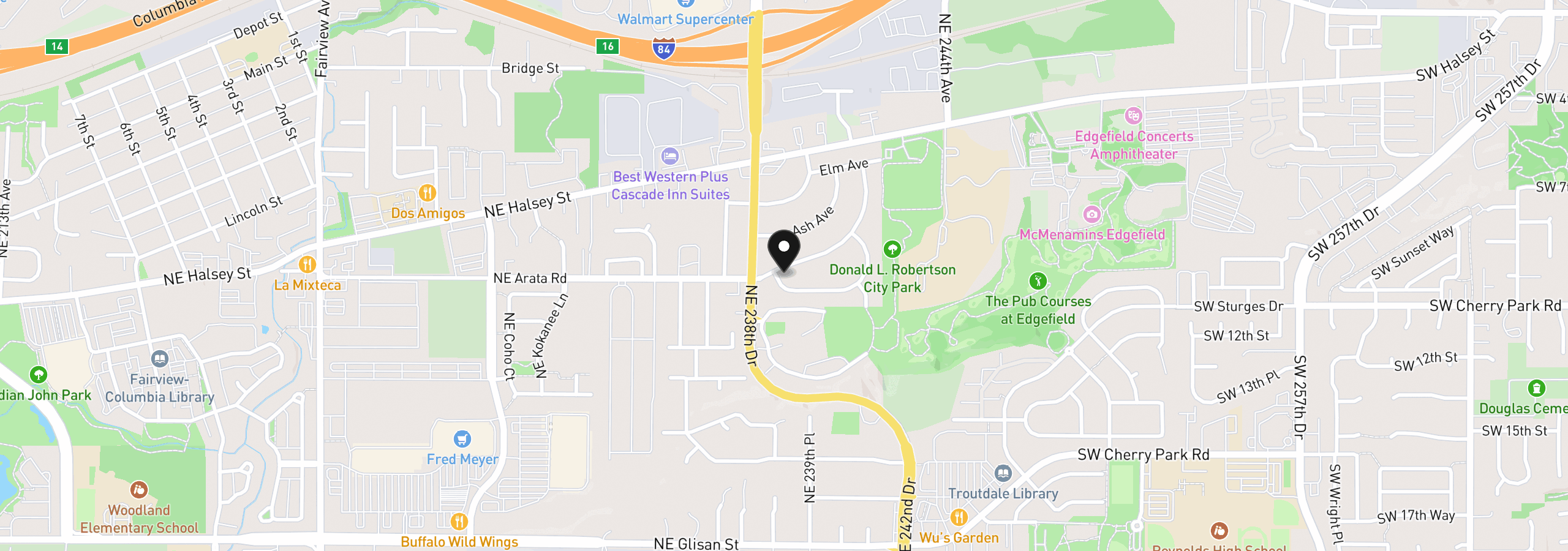 Map showing the location of 105 Maple Blvd, Wood Village, OR 97060