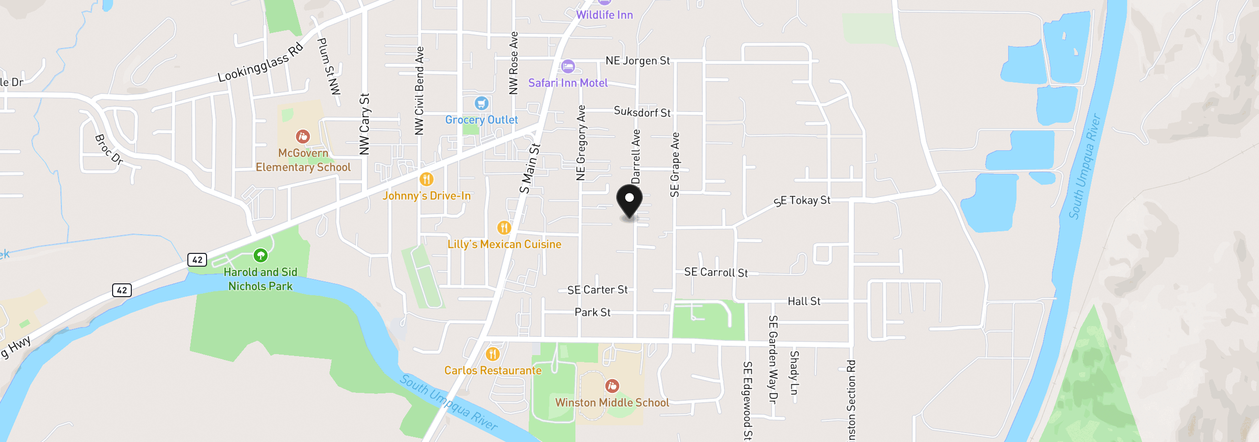 Map showing the location of 261 SE Darrell Ave, Winston, OR 97496