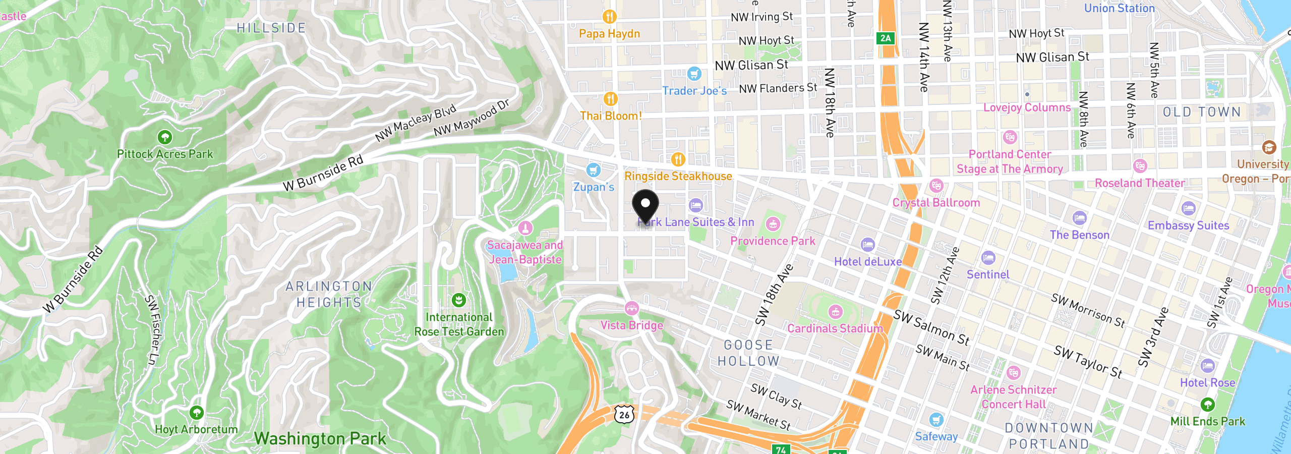 Map showing the location of 2211 SW Park Pl 102, Portland, OR 97205