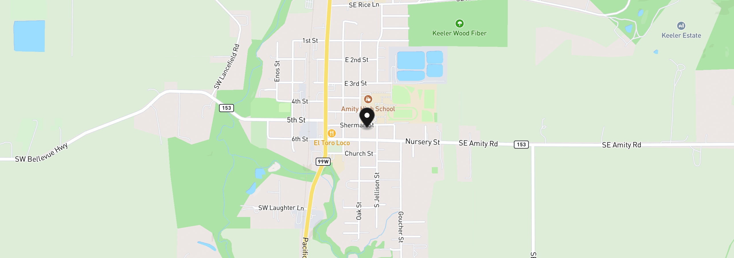 Map showing the location of 307 Sherman St, Amity, OR 97101