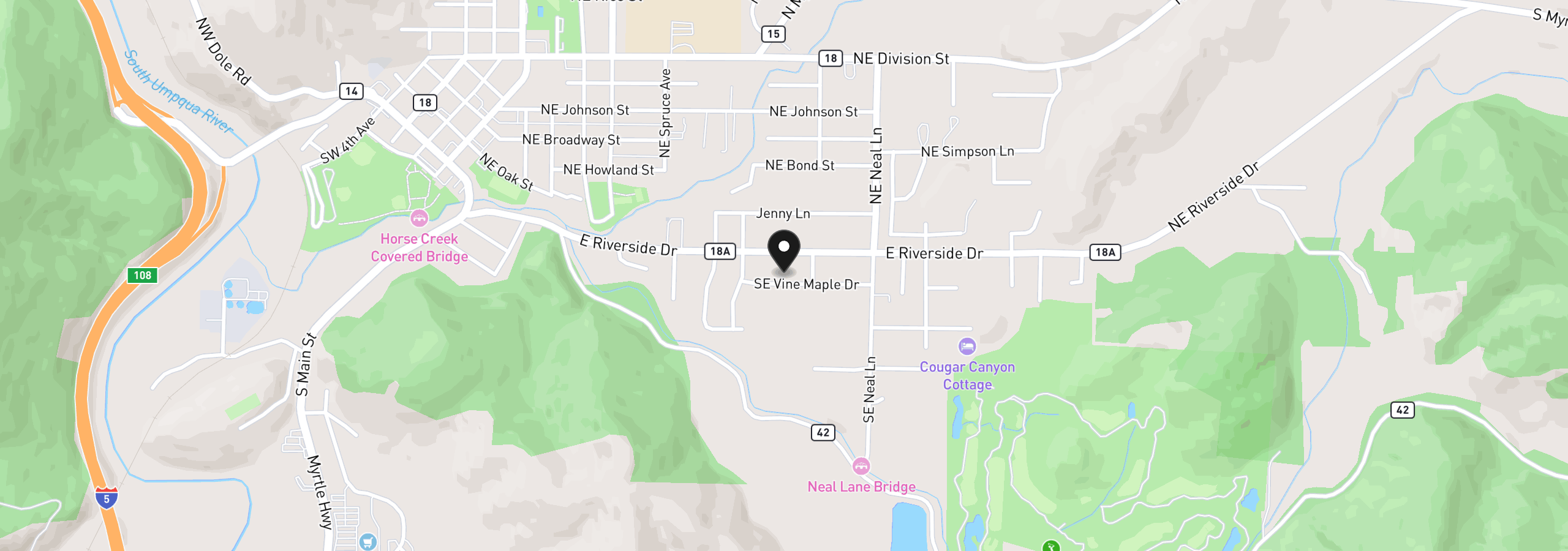 Map showing the location of 837 SE Vine Maple Dr, Myrtle Creek, OR 97457