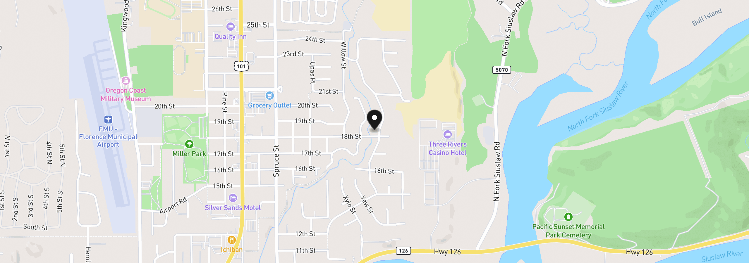 Map showing the location of 1851 Willow Loop, Florence, OR 97439