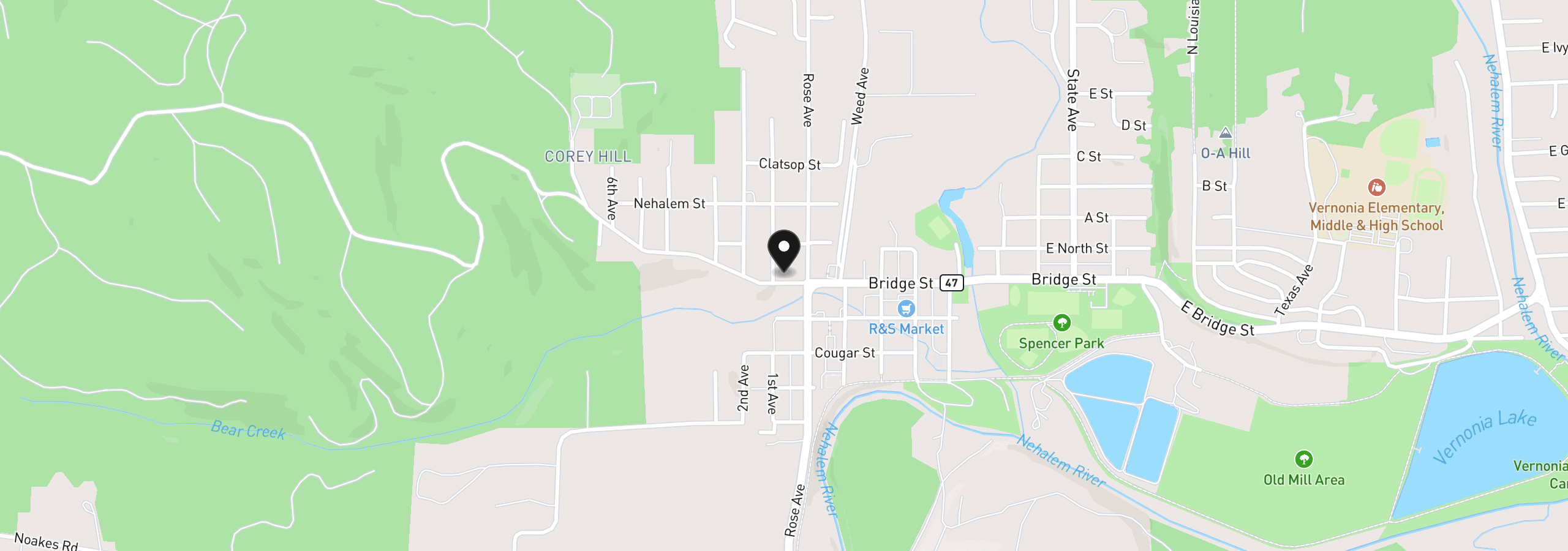 Map showing the location of 1158 Bridge St, Vernonia, OR 97064