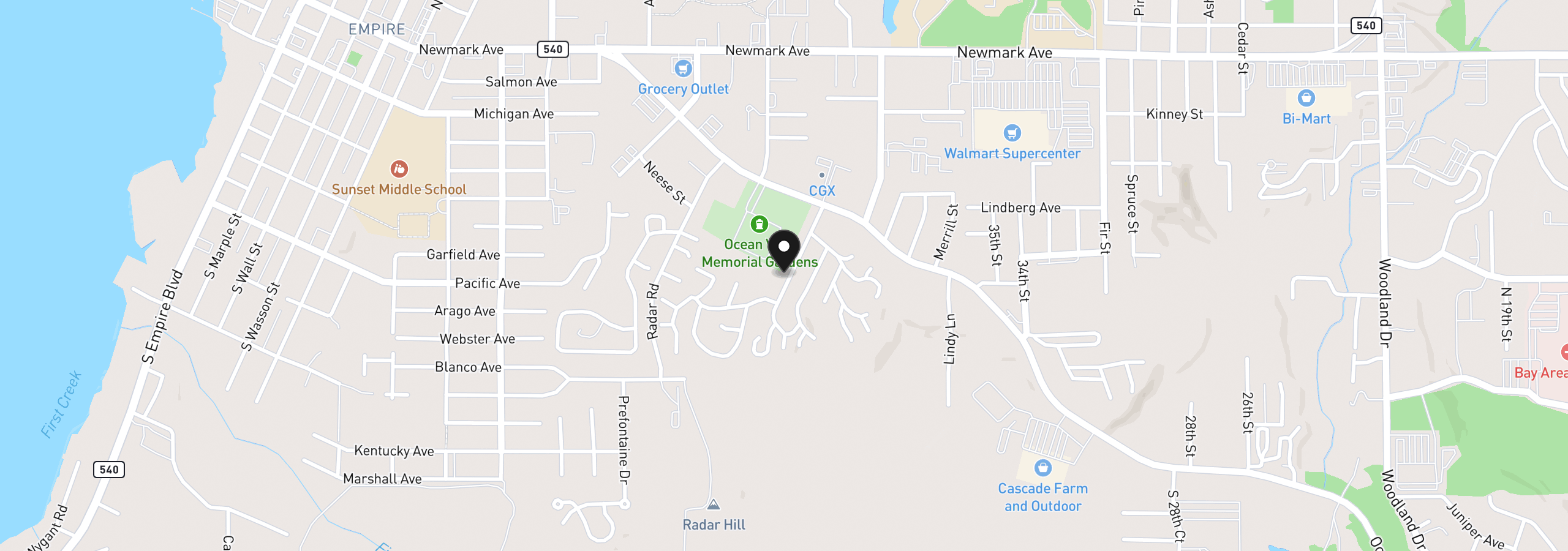 Map showing the location of 490 Shorepines Ave, Coos Bay, OR 97420