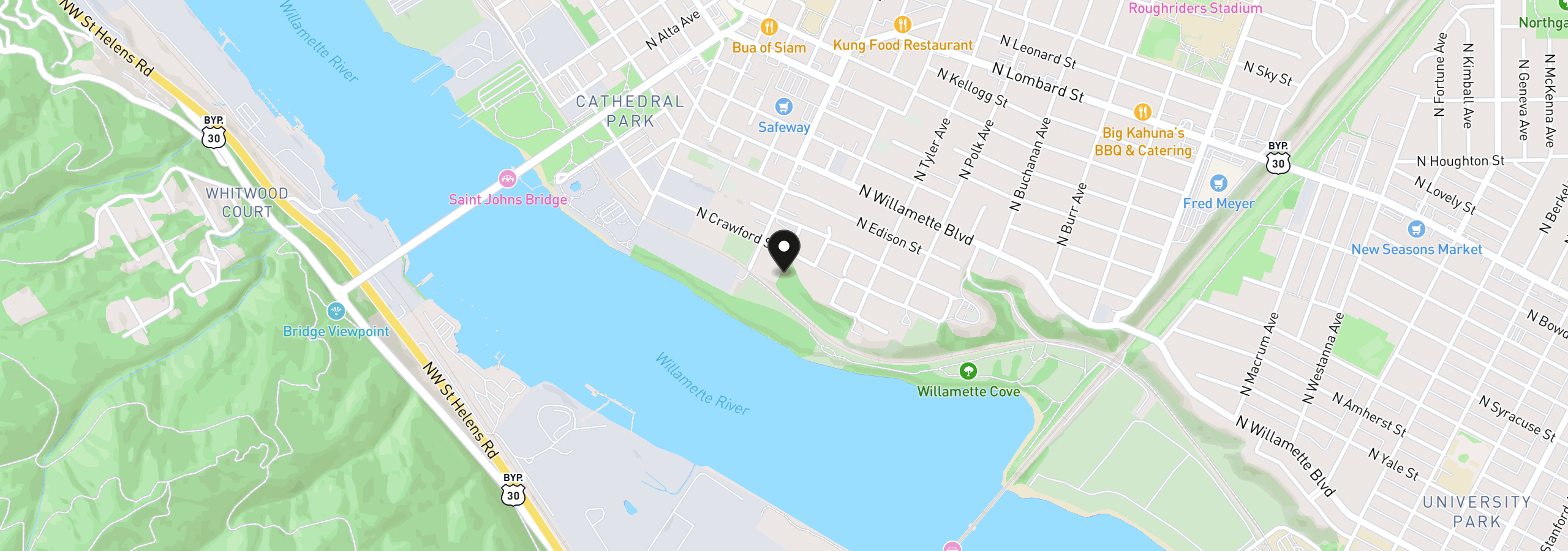 Map showing the location of 6610 N Oswego Ave 9/10, Portland, OR 97203