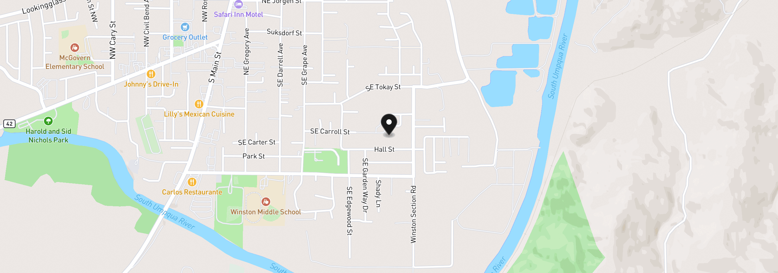 Map showing the location of 756 SE Hall St, Winston, OR 97496