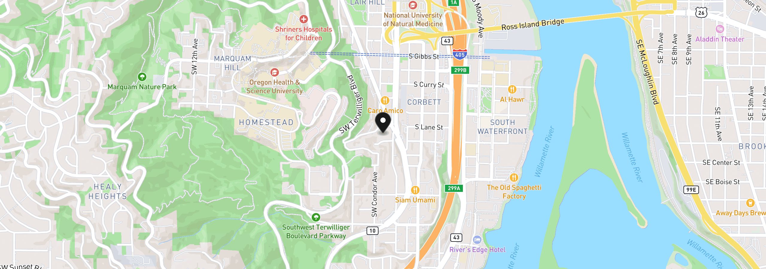 Map showing the location of 25 SW Abernethy St N, Portland, OR 97239